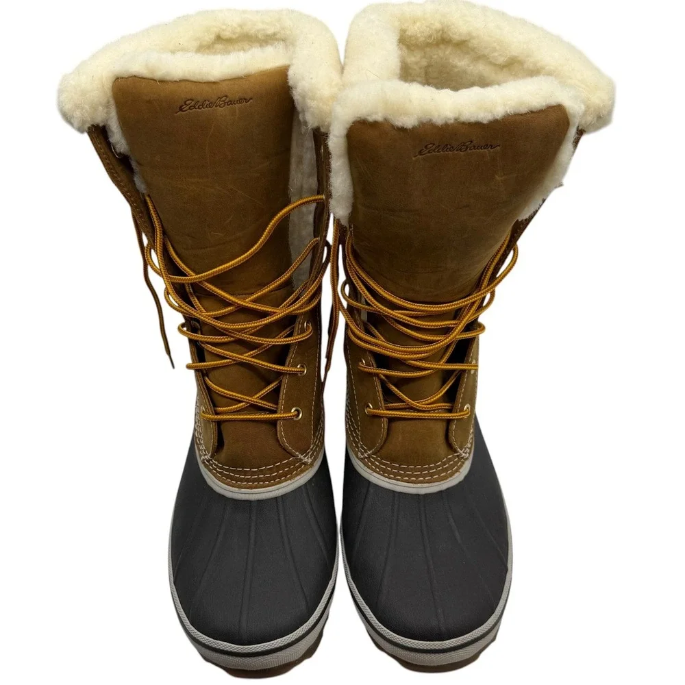 Eddie Bauer Hunt Pac Mid Duck Boots Tan Brown Leather Wool Blend Trim Mens 12